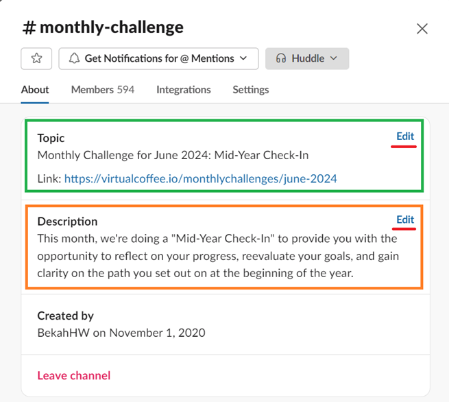 Topic and Description sections under the channel name's About Tab